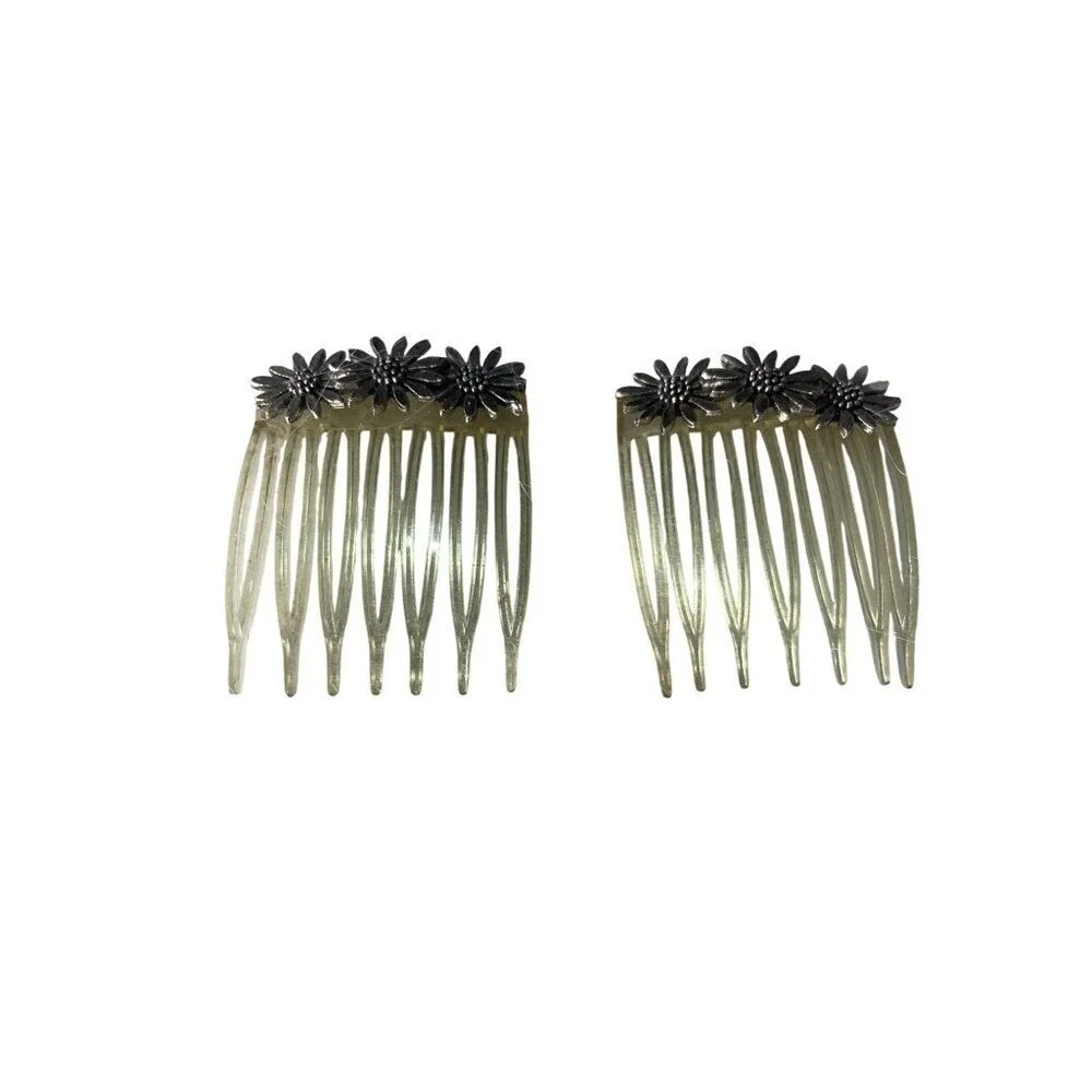 Vintage Floral Hair Combs With Metal Daisy Accents Set Of‎ 2 Clear Plastic Retro